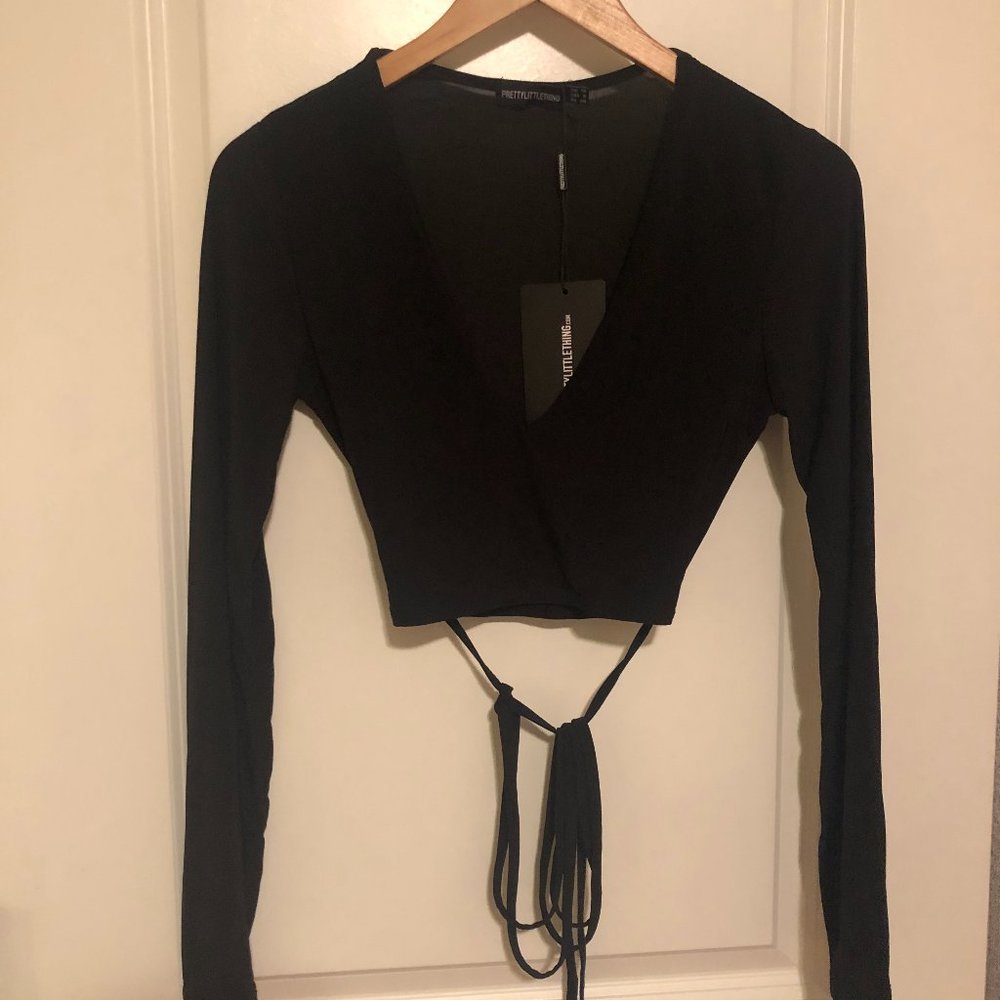 Black Slinky Long Sleeve Tie Waist Crop Top